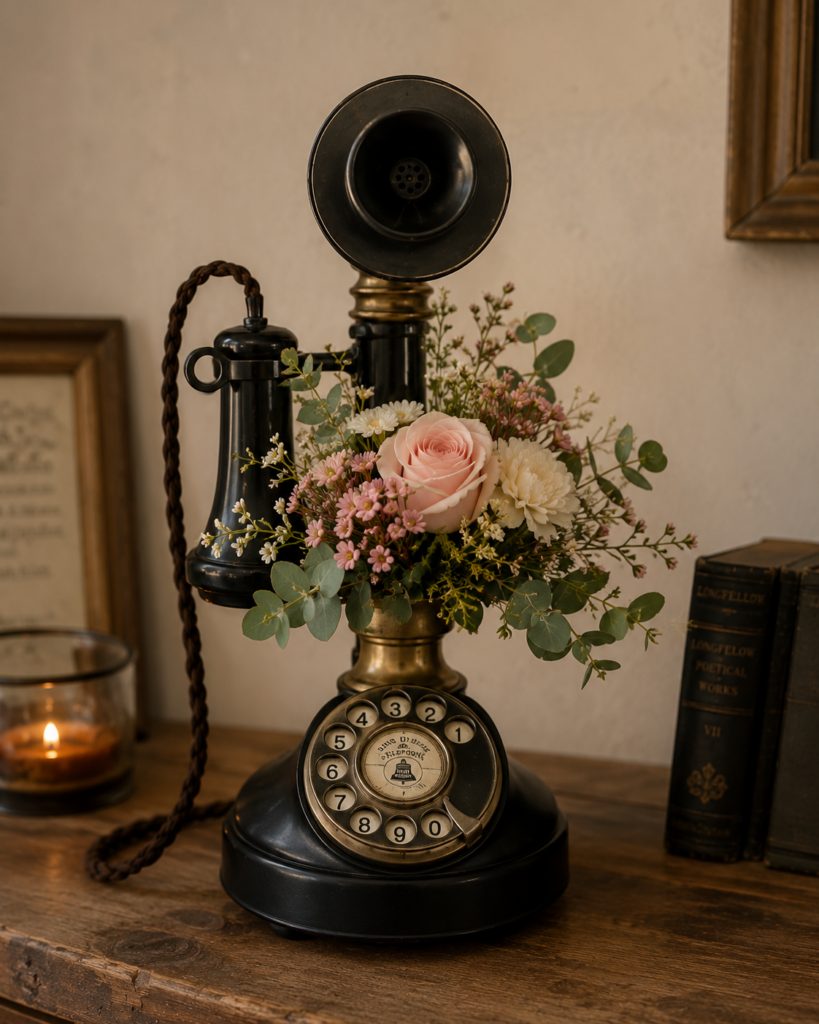 Staré a retro telefony jako originální květinové dekorace