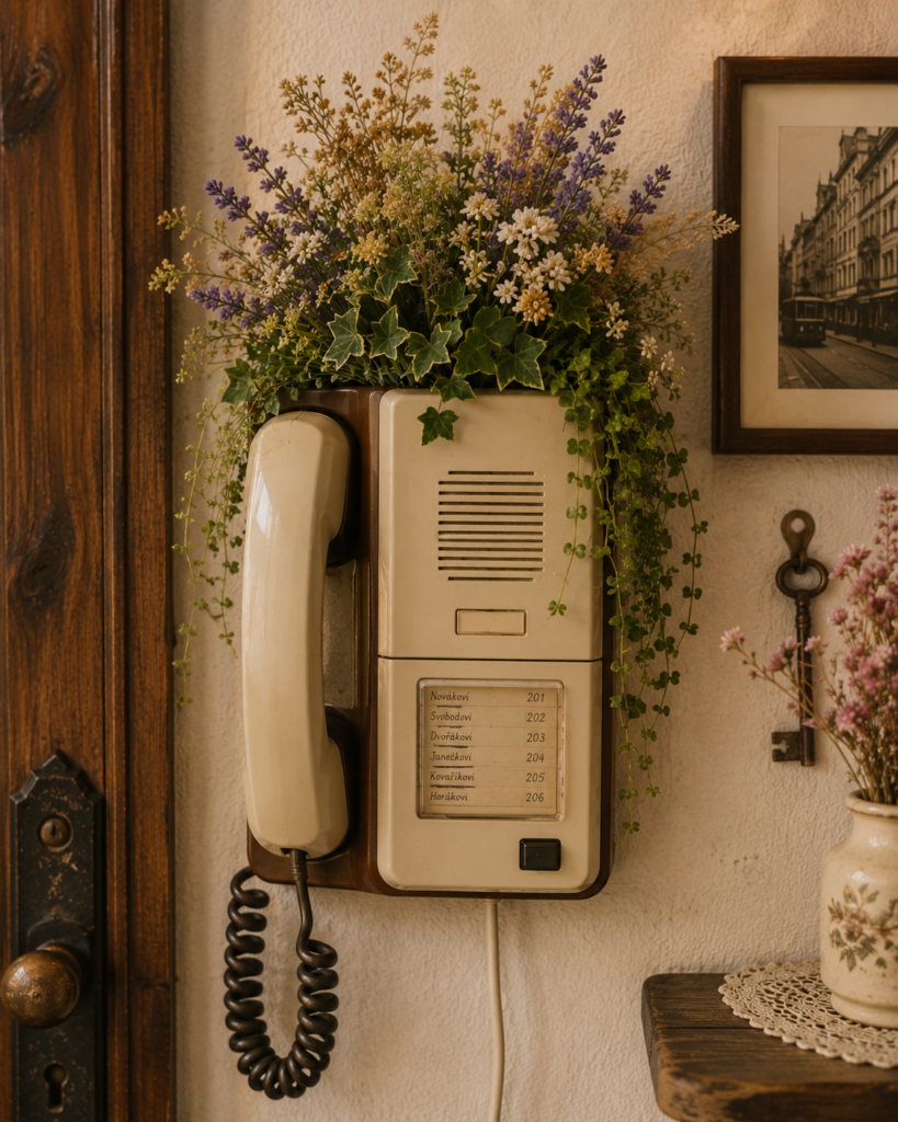 Staré a retro telefony jako originální květinové dekorace