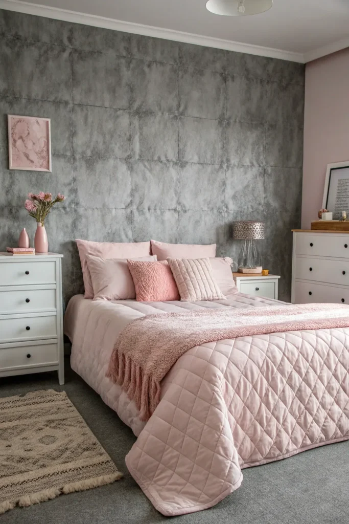 Stylová šedo-růžová ložnice: Inspirace pro moderní a útulný interiér