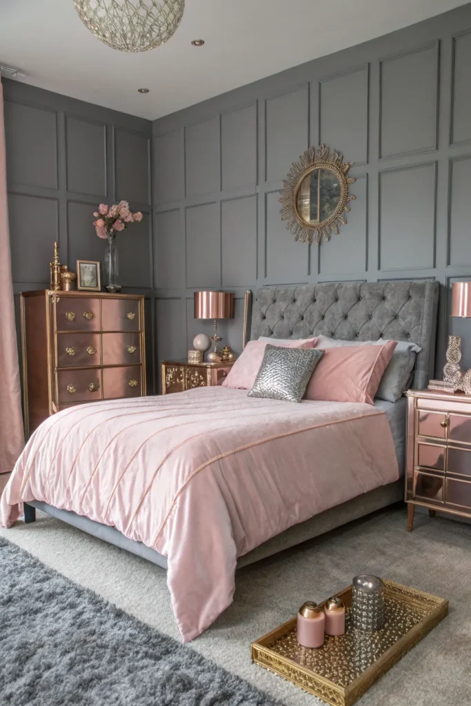 Stylová šedo-růžová ložnice: Inspirace pro moderní a útulný interiér