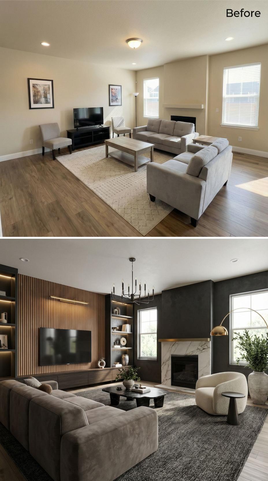 Elegantní proměny obývacího pokoje PŘED a PO pro milovníky nadčasového designu