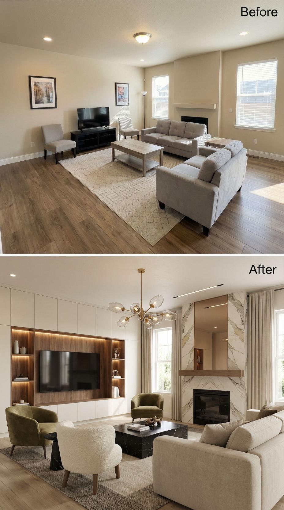 Elegantní proměny obývacího pokoje PŘED a PO pro milovníky nadčasového designu
