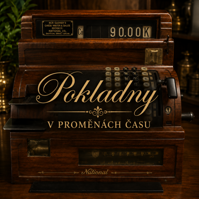 Různé typy historických registračních pokladen, které představují významné etapy vývoje pokladní techniky