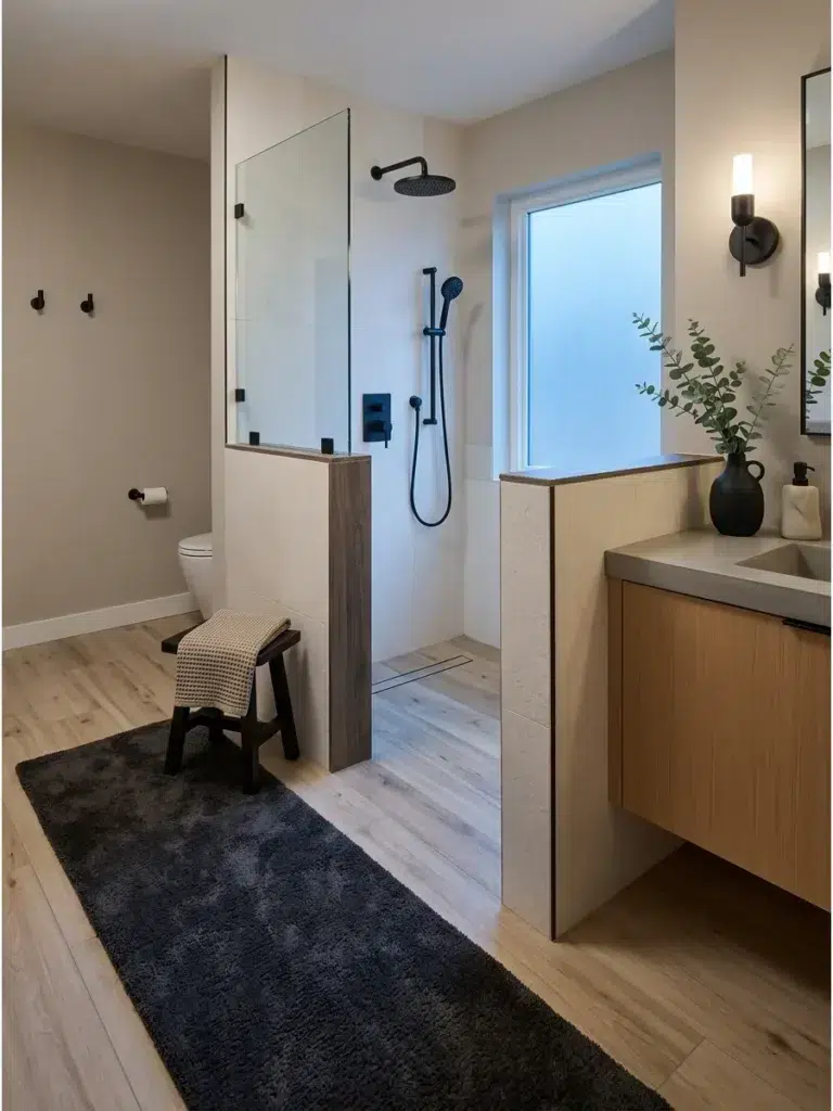 Inspirace pro sprchové kouty s polopříčkou, která opticky zvětšuje koupelnu