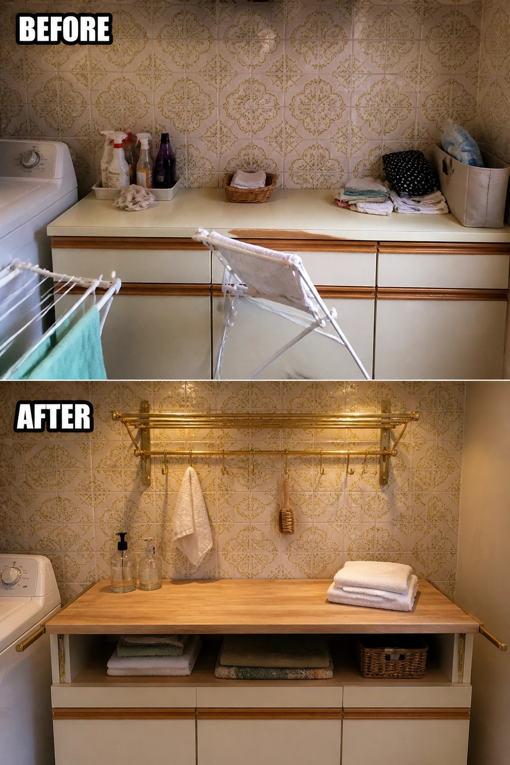 Inspirace PŘED a PO: praktická proměna prádelny s nástěnnými sušáky