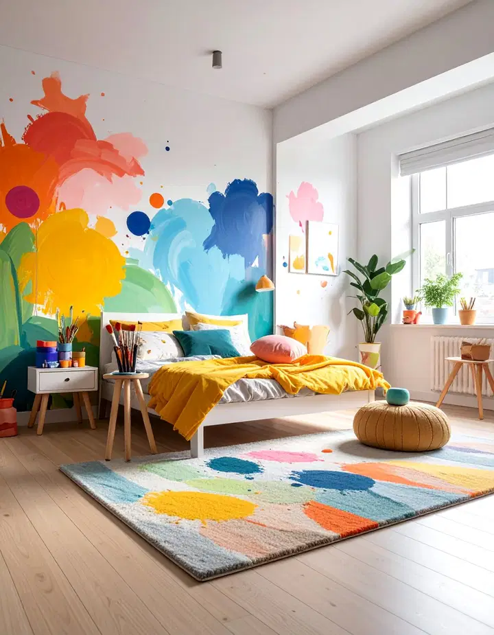 Inspirace pro dětský pokoj: výrazná stěna plná barev a fantazie