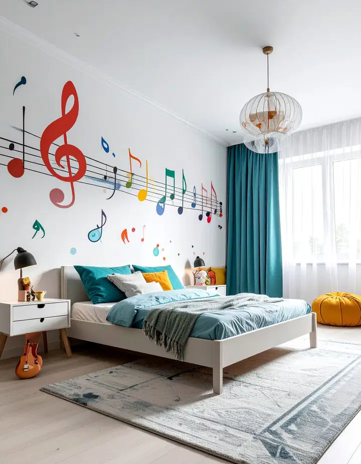 Inspirace pro dětský pokoj: výrazná stěna plná barev a fantazie