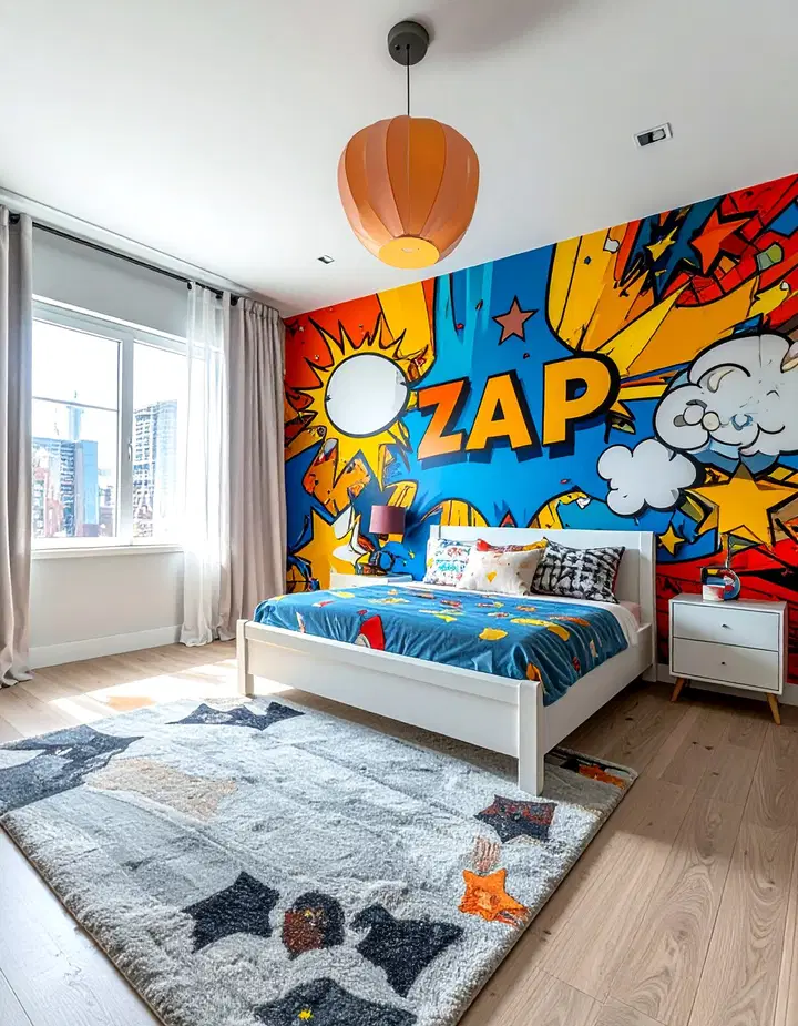 Inspirace pro dětský pokoj: výrazná stěna plná barev a fantazie